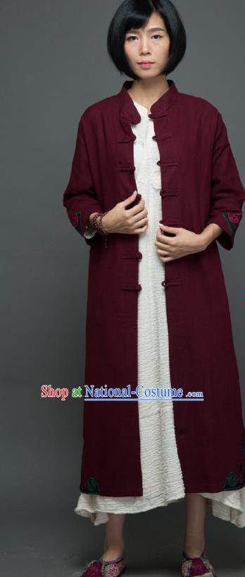 Traditional Chinese Overcoat Dress National Costume Tang Suit Embroidered Wine Red Dust Coat for Women