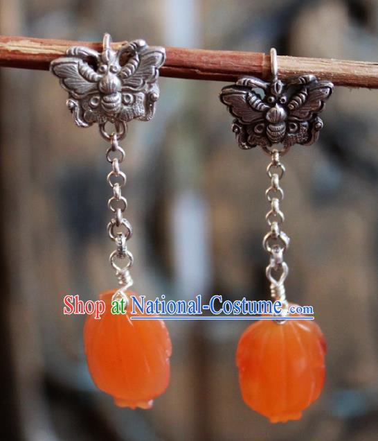 Chinese Handmade Silver Carving Butterfly Ear Accessories Traditional Ethnic Pumpkin Earrings for Women