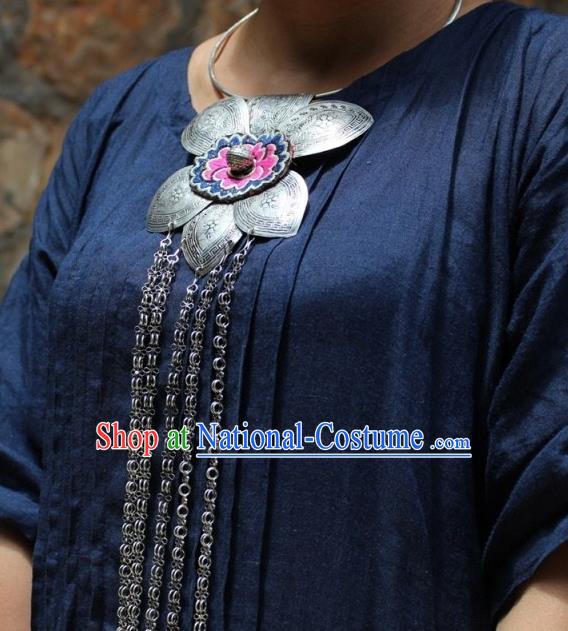 Chinese Handmade Miao Nationality Silver Tassel Necklace Traditional Minority Ethnic Embroidered Necklet Accessories for Women