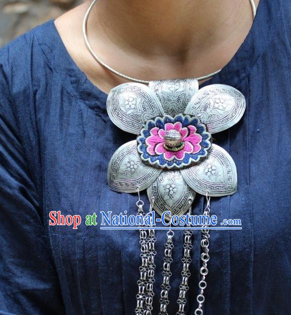 Chinese Handmade Miao Nationality Silver Tassel Necklace Traditional Minority Ethnic Embroidered Necklet Accessories for Women