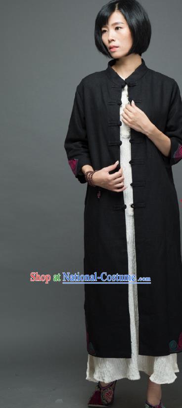 Traditional Chinese Overcoat Dress National Costume Tang Suit Embroidered Black Dust Coat for Women