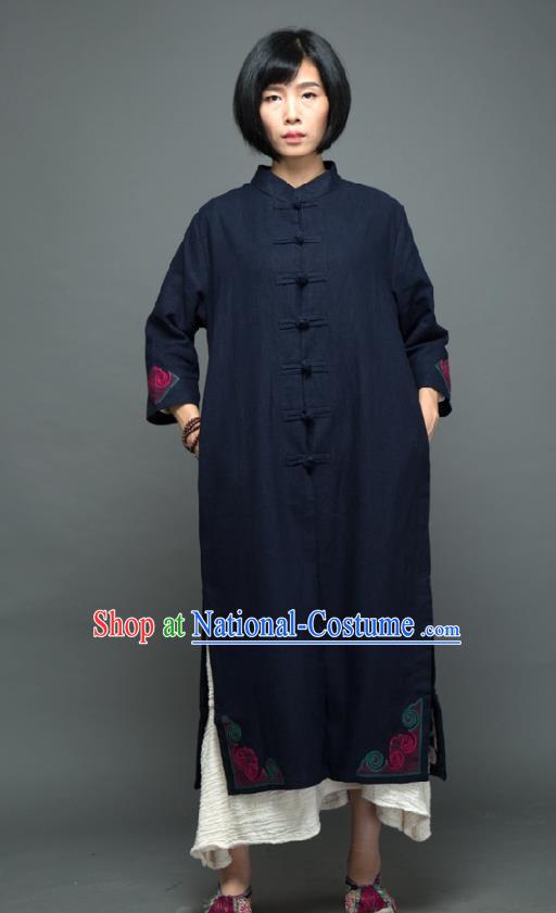 Traditional Chinese Overcoat Dress National Costume Tang Suit Embroidered Navy Dust Coat for Women