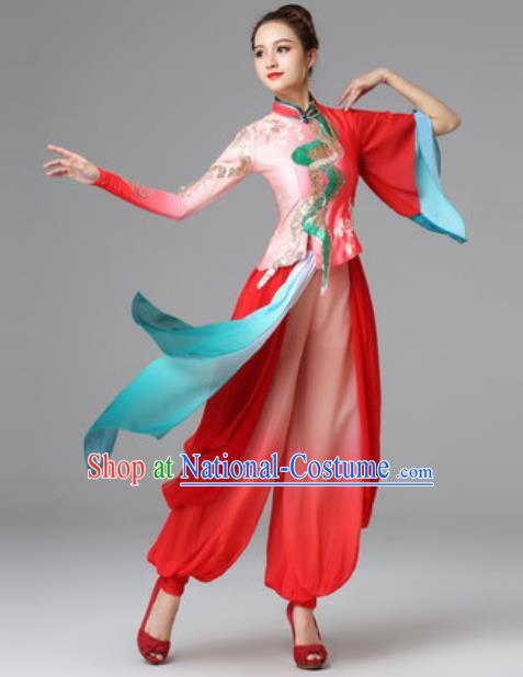 Traditional Chinese Folk Dance Red Outfits Classical Dance Dress Umbrella Dance Stage Performance Costume for Women