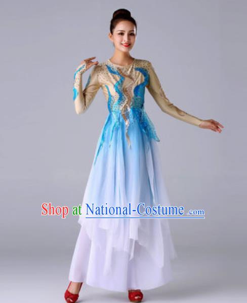 Traditional Chinese Classical Dance Blue Outfits Fan Dance Dress Umbrella Dance Stage Performance Costume for Women