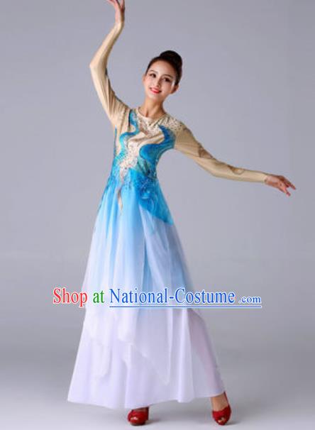 Traditional Chinese Classical Dance Blue Outfits Fan Dance Dress Umbrella Dance Stage Performance Costume for Women