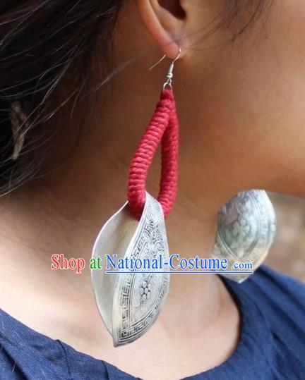 Chinese Handmade Miao Nationality Silver Carving Earrings Traditional Minority Ethnic Ear Accessories for Women