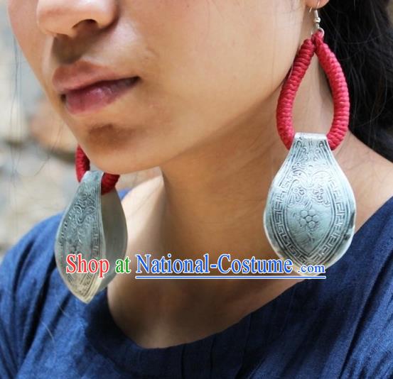 Chinese Handmade Miao Nationality Silver Carving Earrings Traditional Minority Ethnic Ear Accessories for Women