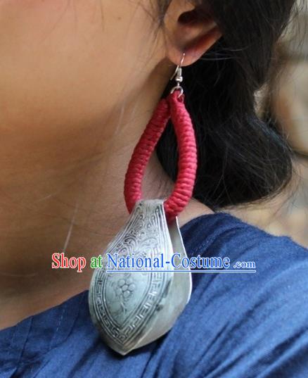 Chinese Handmade Miao Nationality Silver Carving Earrings Traditional Minority Ethnic Ear Accessories for Women