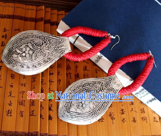 Chinese Handmade Miao Nationality Silver Carving Earrings Traditional Minority Ethnic Ear Accessories for Women