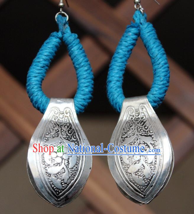 Chinese Handmade Miao Nationality Silver Carving Earrings Traditional Minority Ethnic Blue Sennit Ear Accessories for Women