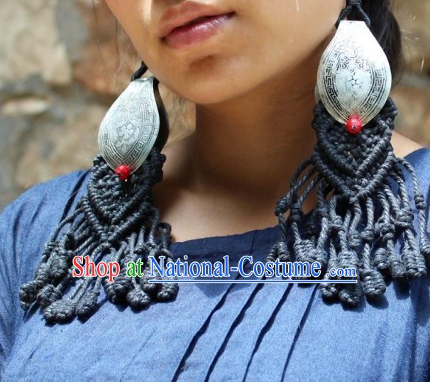 Chinese Handmade Miao Nationality Silver Carving Earrings Traditional Minority Ethnic Black Sennit Ear Accessories for Women