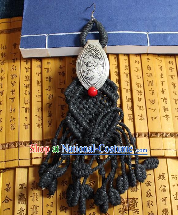 Chinese Handmade Miao Nationality Silver Carving Earrings Traditional Minority Ethnic Black Sennit Ear Accessories for Women