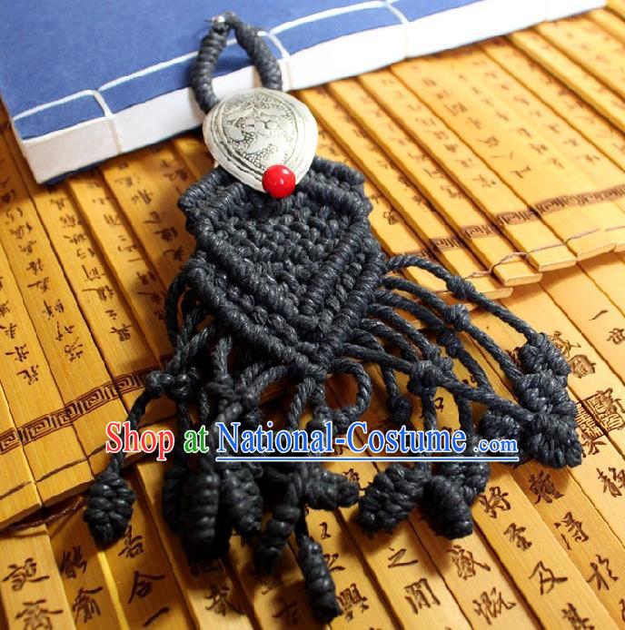 Chinese Handmade Miao Nationality Silver Carving Earrings Traditional Minority Ethnic Black Sennit Ear Accessories for Women