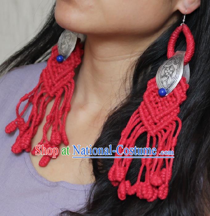 Chinese Handmade Miao Nationality Silver Carving Earrings Traditional Minority Ethnic Red Sennit Ear Accessories for Women