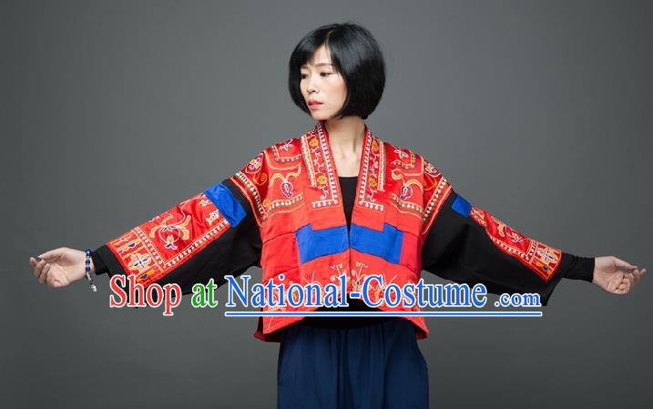 Traditional Chinese Embroidered Red Short Overcoat Dress National Costume Tang Suit Upper Outer Garment for Women