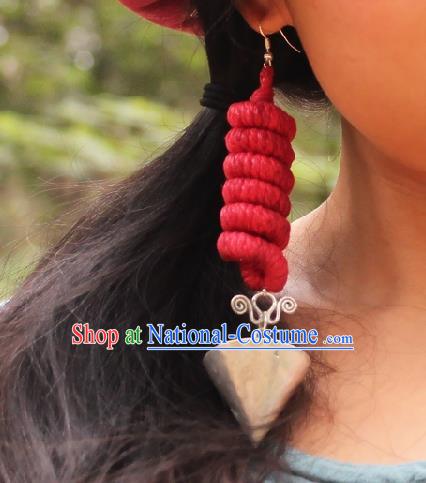 Chinese Handmade Miao Ethnic Silver Ear Accessories Traditional Minority Sennit Earrings for Women