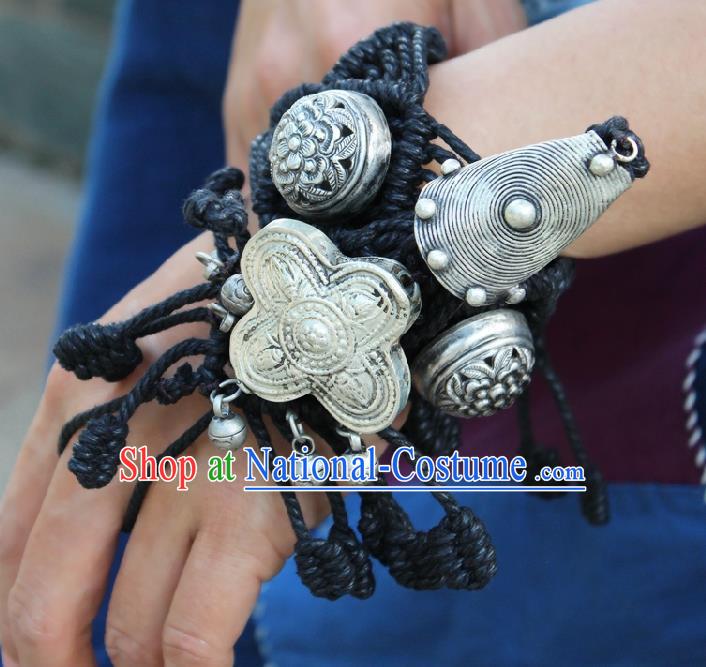 Chinese Handmade Miao Ethnic Silver Bells Wristband Accessories Traditional Minority Black Sennit Bracelet Bangle for Women