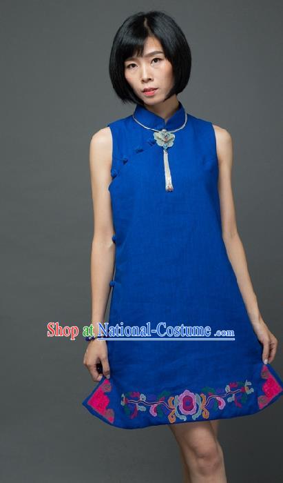 Traditional Chinese Blue Flax Qipao Dress National Costume Tang Suit Plated Buttons Cheongsam Garment for Women