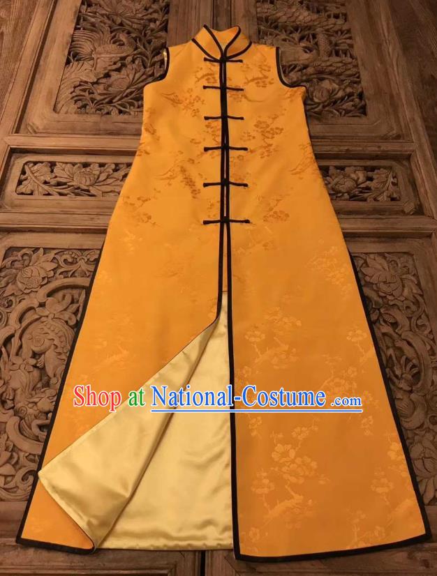 Traditional Chinese Yellow Silk Long Vest National Costume Republic of China Stand Collar Dress for Women