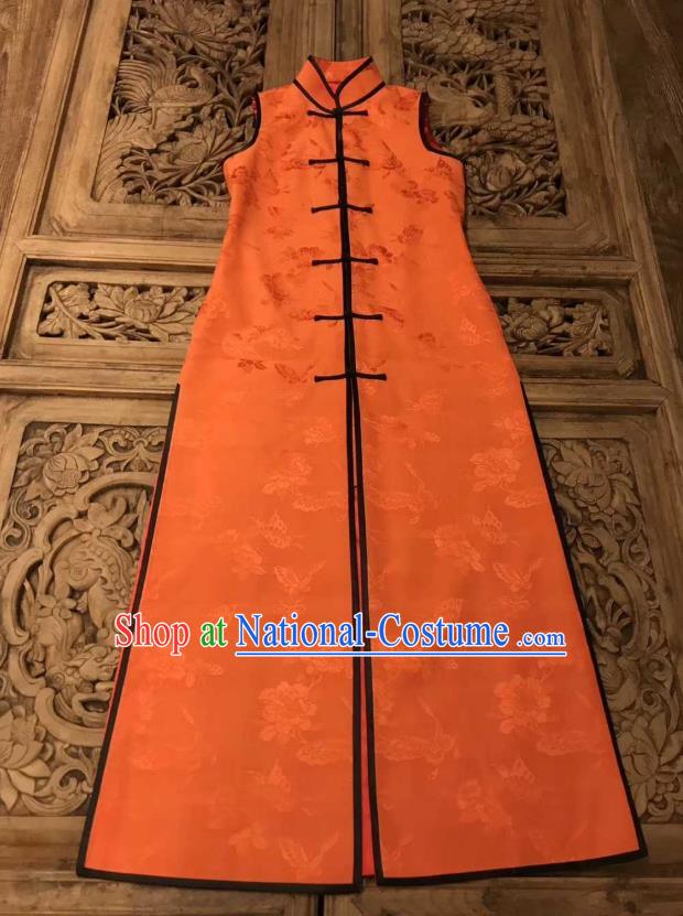 Traditional Chinese Orange Silk Long Vest National Costume Republic of China Stand Collar Dress for Women