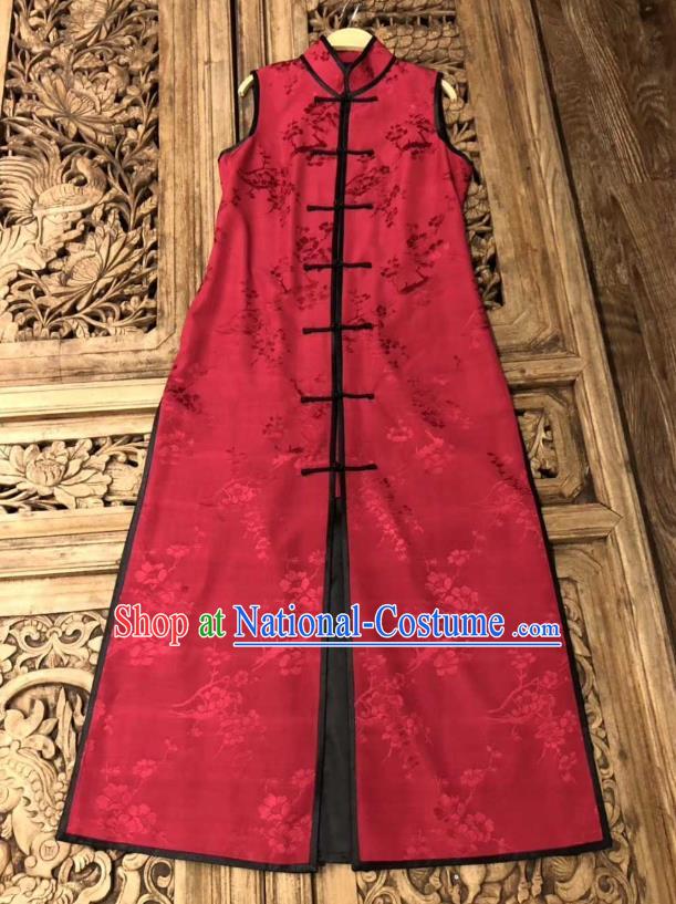 Traditional Chinese Red Silk Long Vest National Costume Republic of China Stand Collar Dress for Women