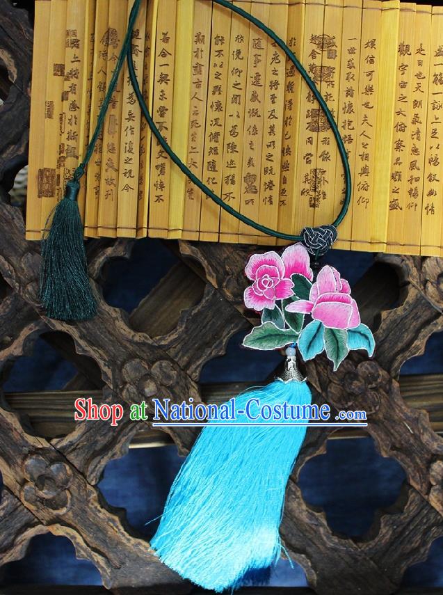 Chinese Handmade Miao Nationality Embroidered Roses Necklet Accessories Traditional Minority Ethnic Blue Tassel Necklace for Women