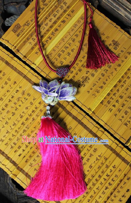 Chinese Handmade Miao Nationality Embroidered Yulan Magnolia Necklet Accessories Traditional Minority Ethnic Rosy Tassel Necklace for Women