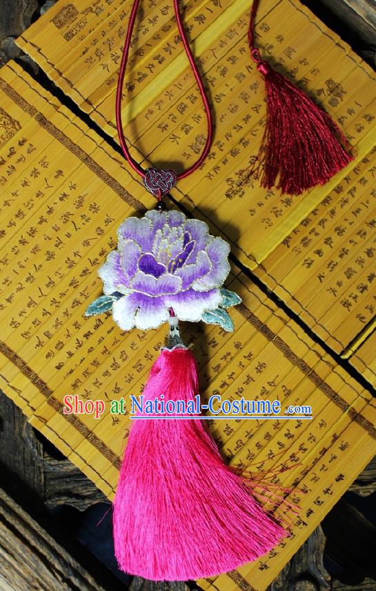 Chinese Handmade Miao Nationality Embroidered Purple Peony Necklet Accessories Traditional Minority Ethnic Rosy Tassel Necklace for Women