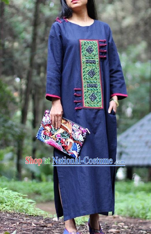 Traditional Chinese Embroidered Navy Dress National Costume Tang Suit Gown Garment Cheongsam for Women