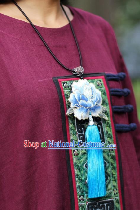 Chinese Handmade Miao Nationality Embroidered Blue Peony Necklet Accessories Traditional Minority Ethnic Tassel Necklace for Women