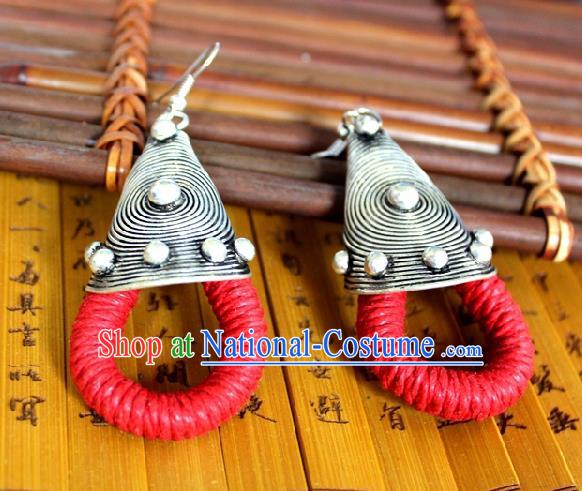 Chinese Handmade Miao Nationality Red Sennit Ear Accessories Traditional Minority Ethnic Silver Earrings for Women