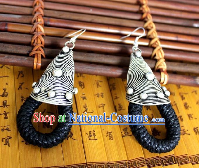 Chinese Handmade Miao Nationality Black Sennit Ear Accessories Traditional Minority Ethnic Silver Earrings for Women