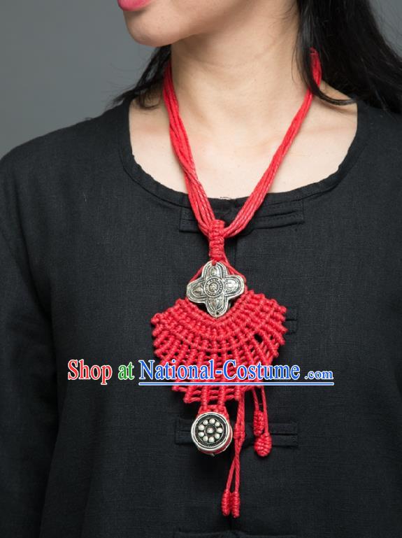 Chinese Handmade Miao Nationality Red Sennit Accessories Traditional Minority Ethnic Silver Carving Necklace for Women