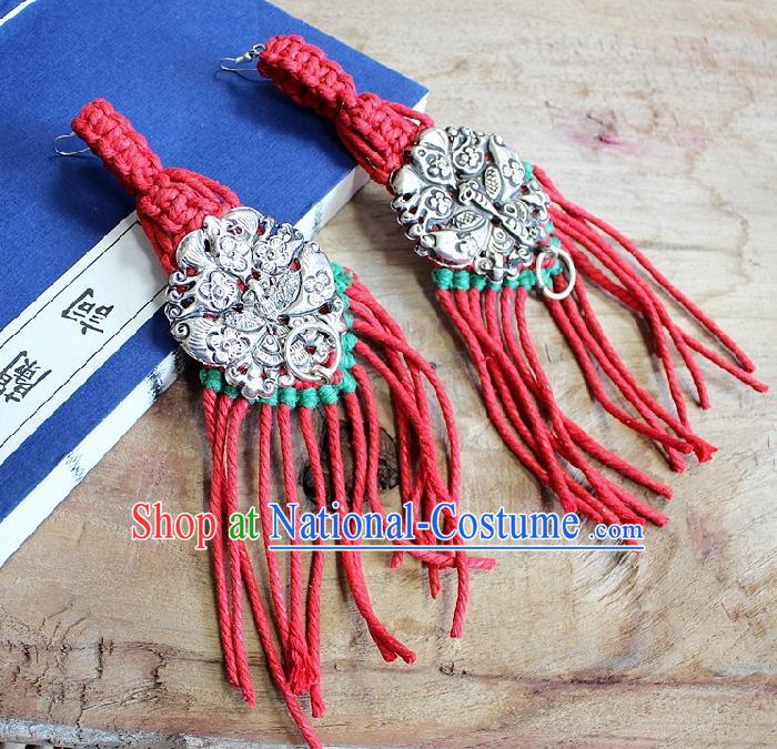 Chinese Handmade Miao Nationality Red Sennit Tassel Ear Accessories Traditional Minority Ethnic Silver Butterfly Earrings for Women