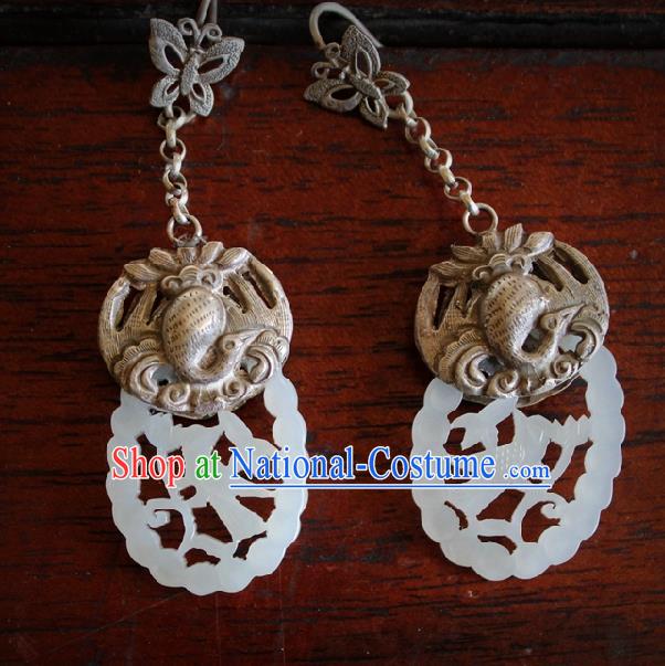 Chinese Handmade Miao Nationality Silver Carving Bird Ear Accessories Traditional Minority Ethnic Jade Earrings for Women