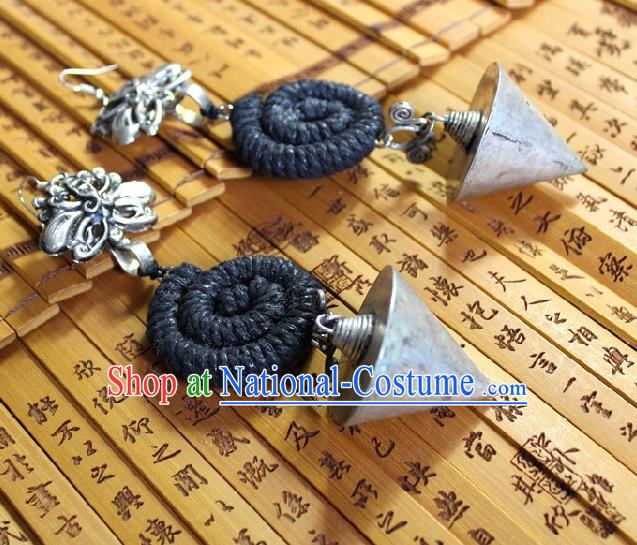 Chinese Handmade Miao Nationality Silver Cone Earrings Traditional Minority Ethnic Black Sennit Ear Accessories for Women