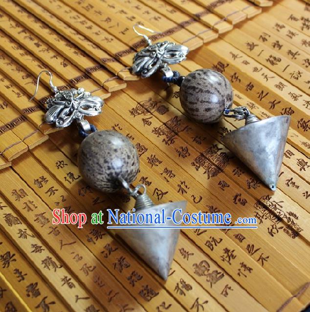 Chinese Handmade Miao Nationality Silver Carving Butterfly Earrings Traditional Minority Ethnic Cone Ear Accessories for Women