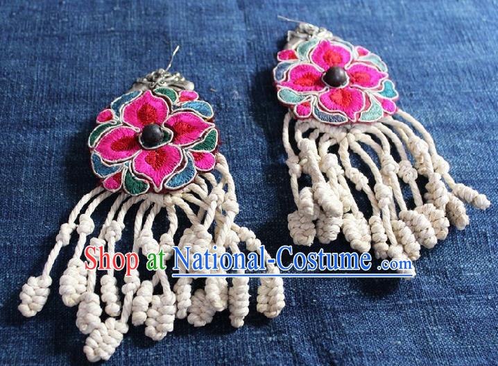 Chinese Handmade Miao Nationality Embroidered Flower Earrings Traditional Minority Ethnic Sennit Tassel Ear Accessories for Women