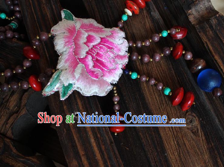 Chinese Handmade Miao Nationality Embroidered Pink Peony Necklace Traditional Minority Ethnic Beads Tassel Necklet Accessories for Women