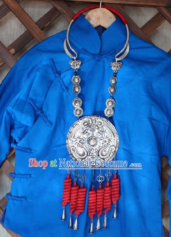 Chinese Handmade Miao Nationality Red Sennit Tassel Necklace Traditional Minority Ethnic Silver Carving Dragon Necklet Accessories for Women