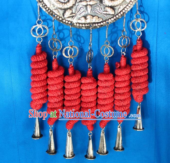 Chinese Handmade Miao Nationality Red Sennit Tassel Necklace Traditional Minority Ethnic Silver Carving Dragon Necklet Accessories for Women