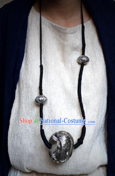 Chinese Handmade Miao Nationality Twine Necklace Traditional Minority Ethnic Silver Carving Ball Necklet Accessories for Women