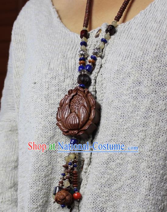 Chinese Handmade Miao Nationality Sandalwood Necklace Traditional Minority Ethnic Carving Lotus Necklet Accessories for Women