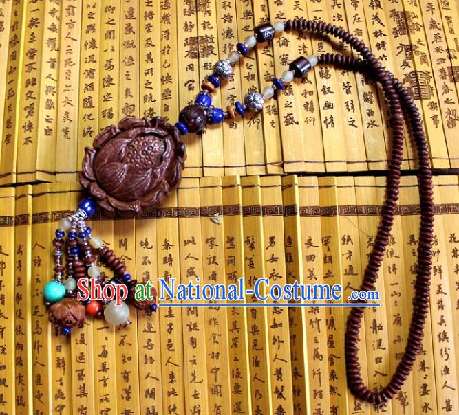 Chinese Handmade Miao Nationality Sandalwood Necklace Traditional Minority Ethnic Carving Lotus Necklet Accessories for Women