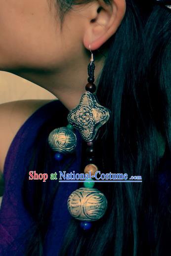 Chinese Handmade Miao Nationality Silver Large Earrings Traditional Minority Ethnic Carving Ear Accessories for Women