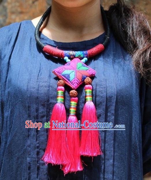 Chinese Handmade Miao Nationality Rosy Tassel Necklace Traditional Minority Ethnic Folk Dance Embroidered Necklet Accessories for Women