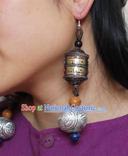 Chinese Handmade Miao Nationality Prayer Wheel Earrings Traditional Minority Ethnic Carving Silver Ball Ear Accessories for Women