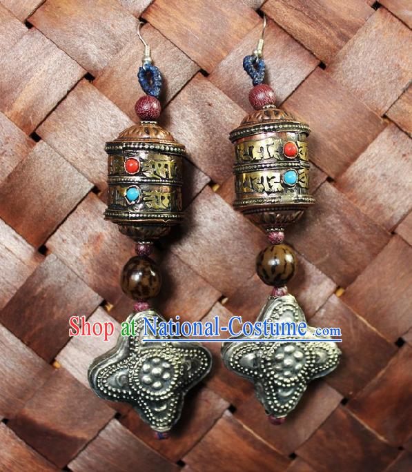 Chinese Handmade Miao Nationality Retro Earrings Traditional Minority Ethnic Carving Silver Prayer Wheel Ear Accessories for Women