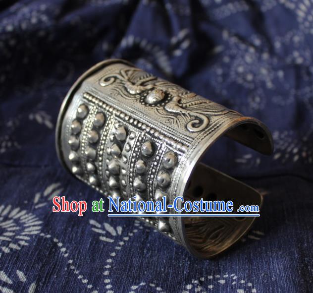 Chinese Handmade Miao Ethnic Silver Carving Wide Bangle Accessories Traditional Minority Stage Show Bracelet for Women