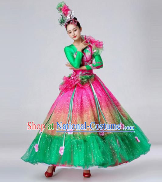 Traditional Chinese Peony Dance Outfits Classical Dance Green Dress Opening Dance Stage Performance Costume for Women